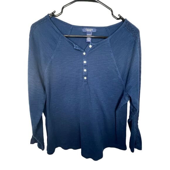 Chaps Navy Blue Long Sleeve T-Shirt With Crochet Sleeve - Picture 1 of 4